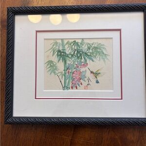 Beale Arts framed. Chinese Hummingbird floral silk painting Jīn Shuǐ red seal